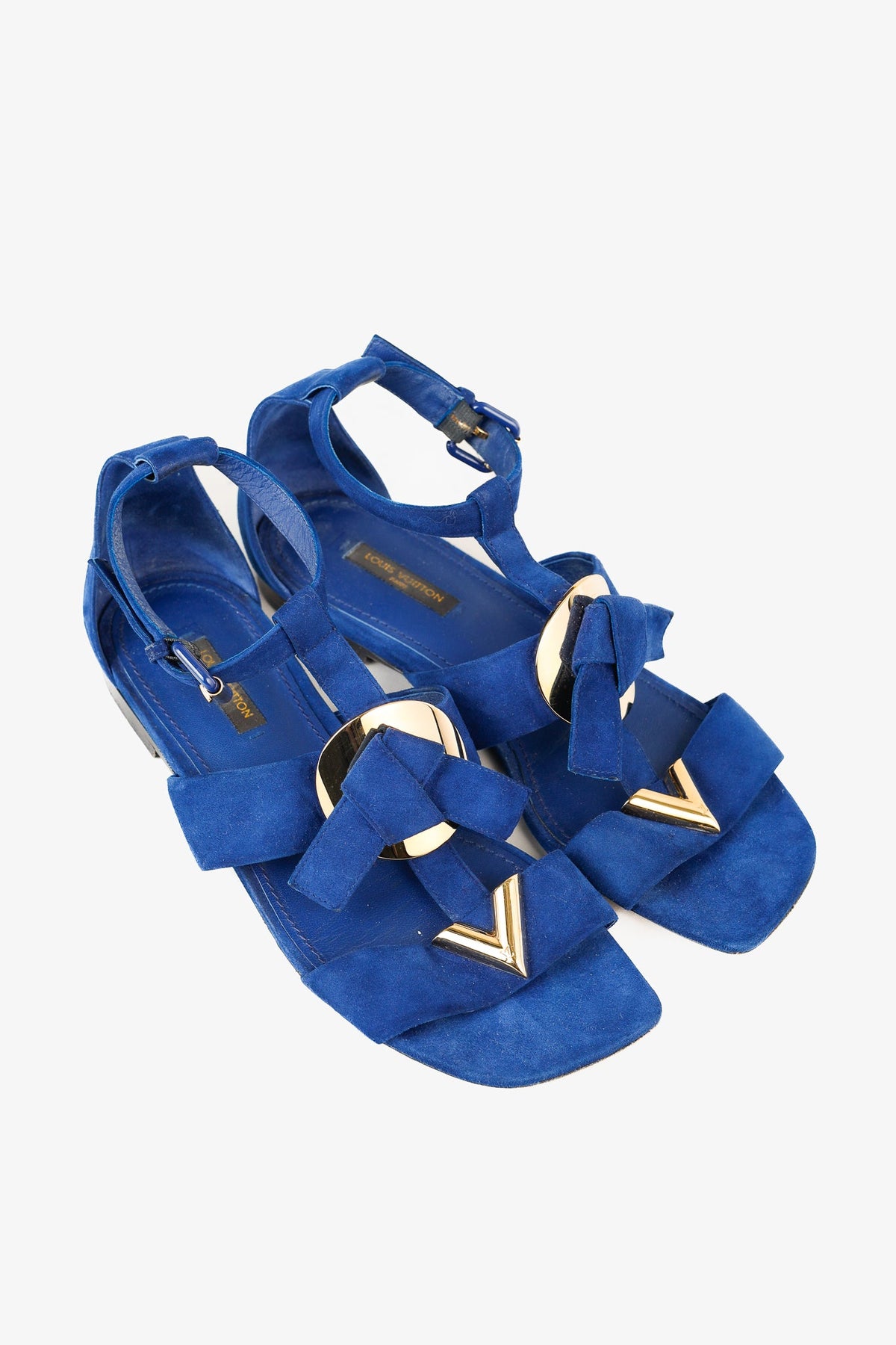 Louis Vuitton Gold-Medallion Blue Suede Knot Flat Sandals