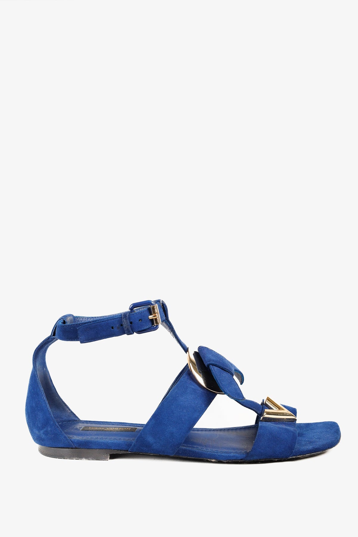 Louis Vuitton Gold-Medallion Blue Suede Knot Flat Sandals