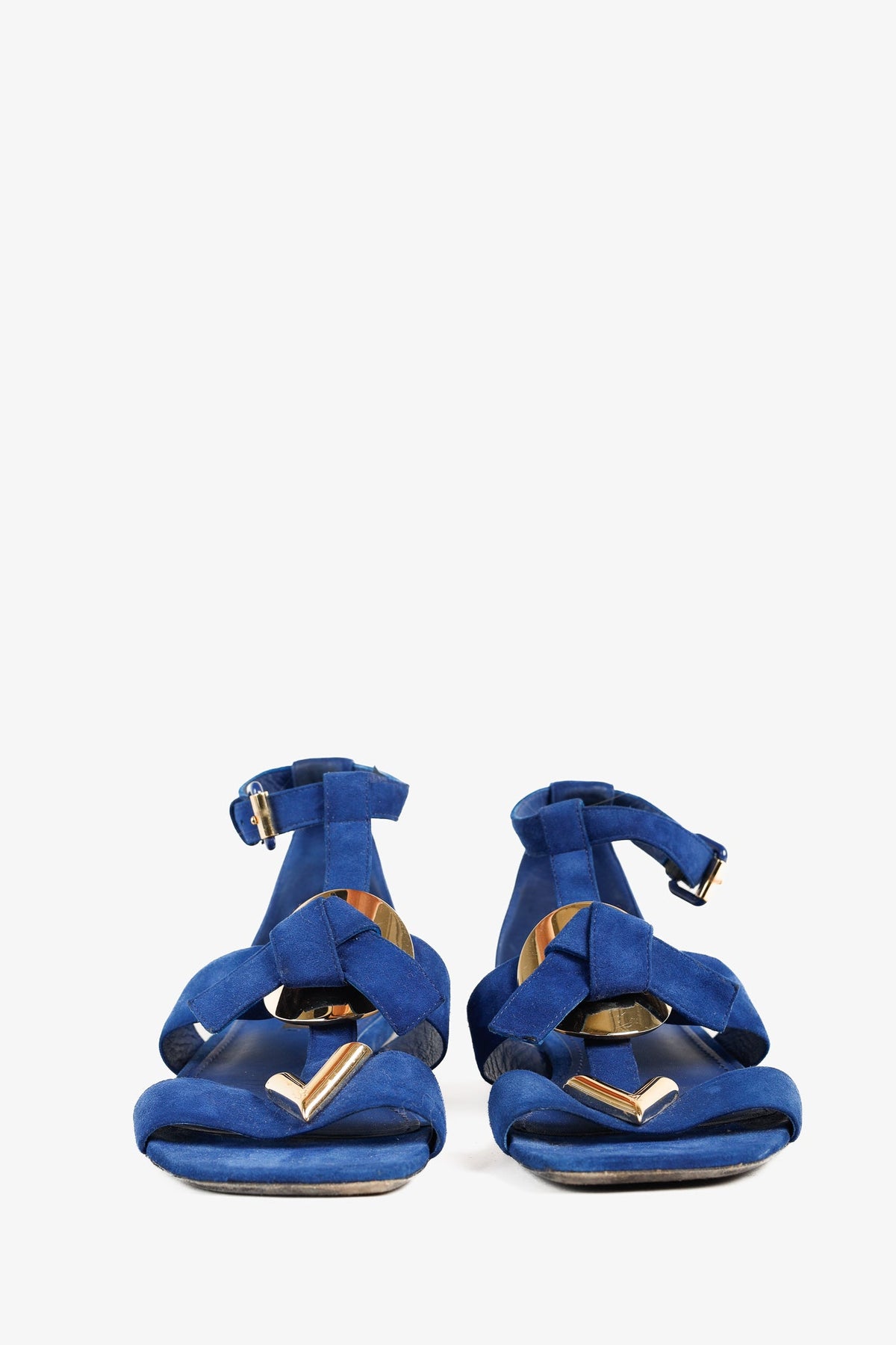 Louis Vuitton Gold-Medallion Blue Suede Knot Flat Sandals