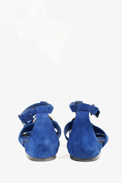 Louis Vuitton Gold-Medallion Blue Suede Knot Flat Sandals