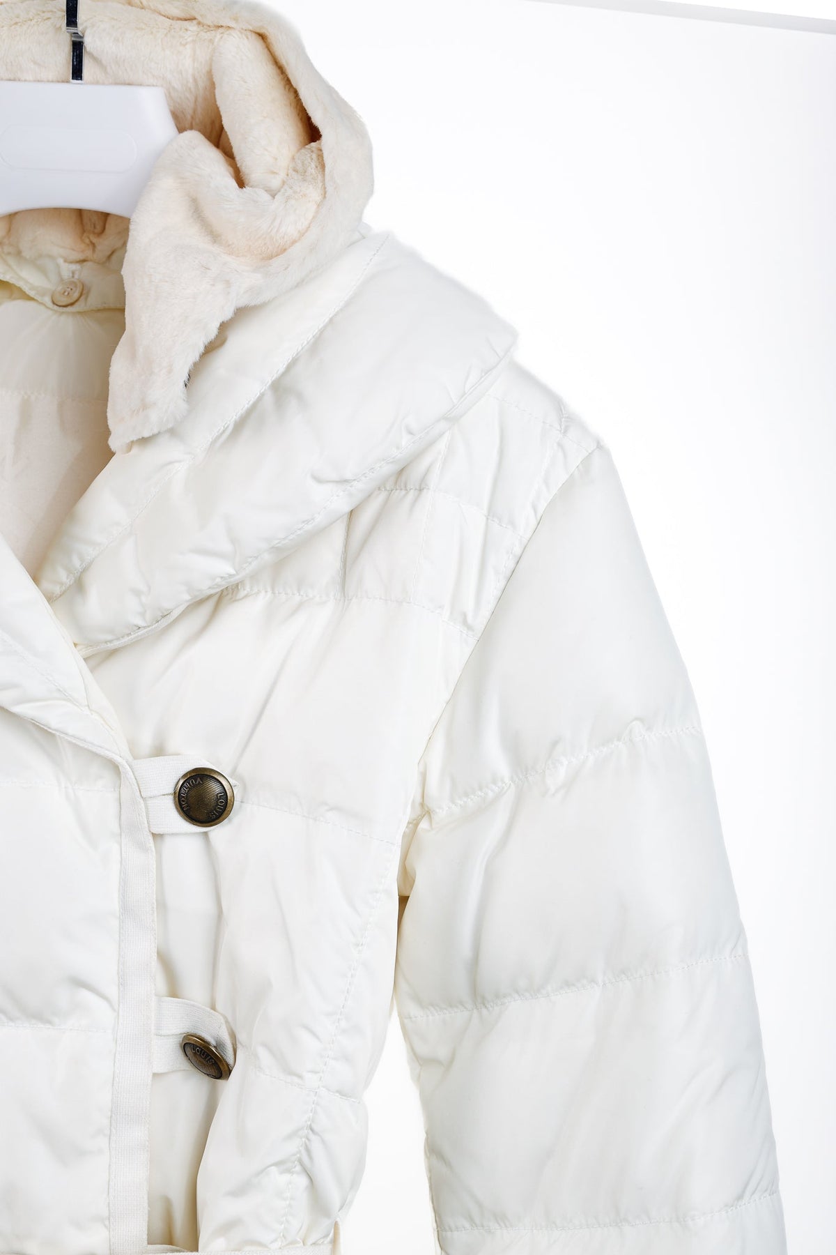 Louis Vuitton Cream Mink-Hood Belted Down Jacket