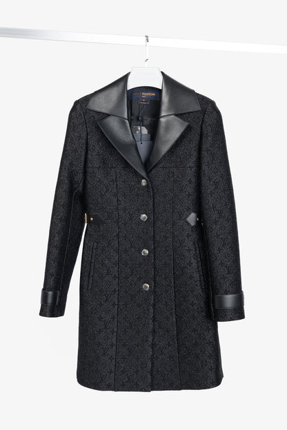 Louis Vuitton Black Monogram Wool Leather Insert A-Line Glitter Coat