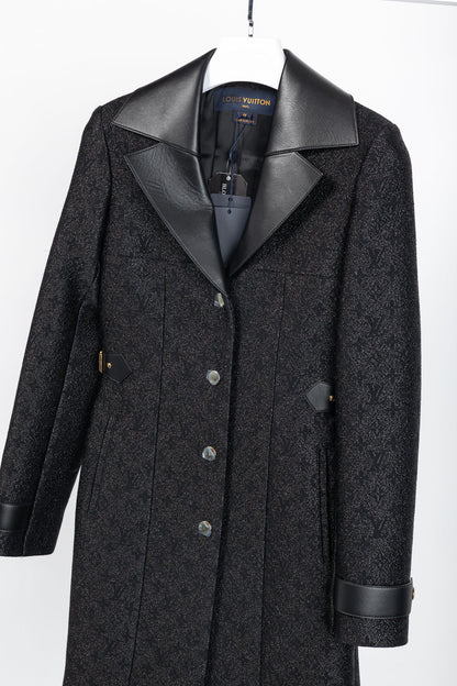 Louis Vuitton Black Monogram Wool Leather Insert A-Line Glitter Coat