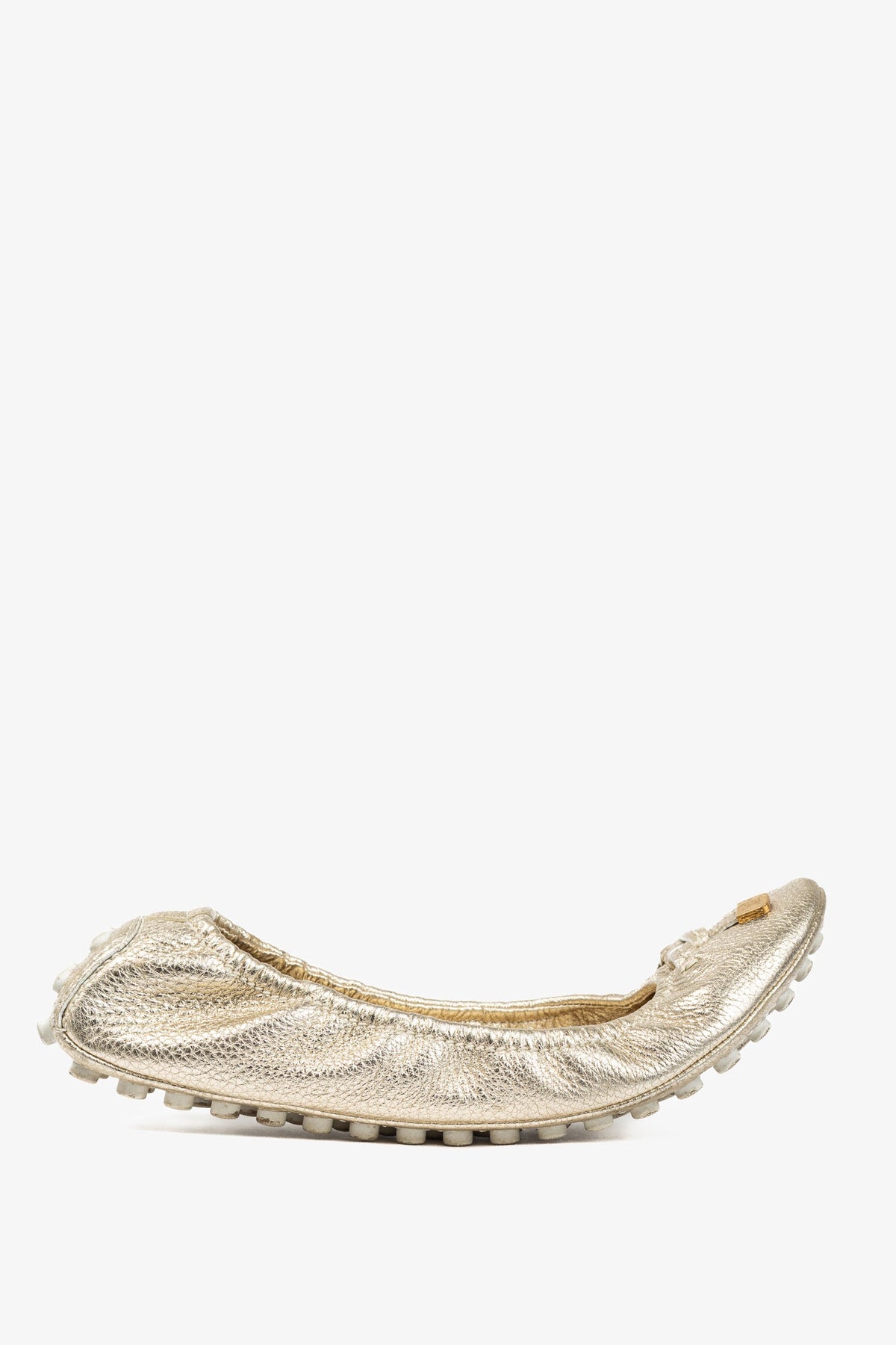 Louis Vuitton Lemon Metallic Gold Pebbled Leather Bow Scrunch Flats