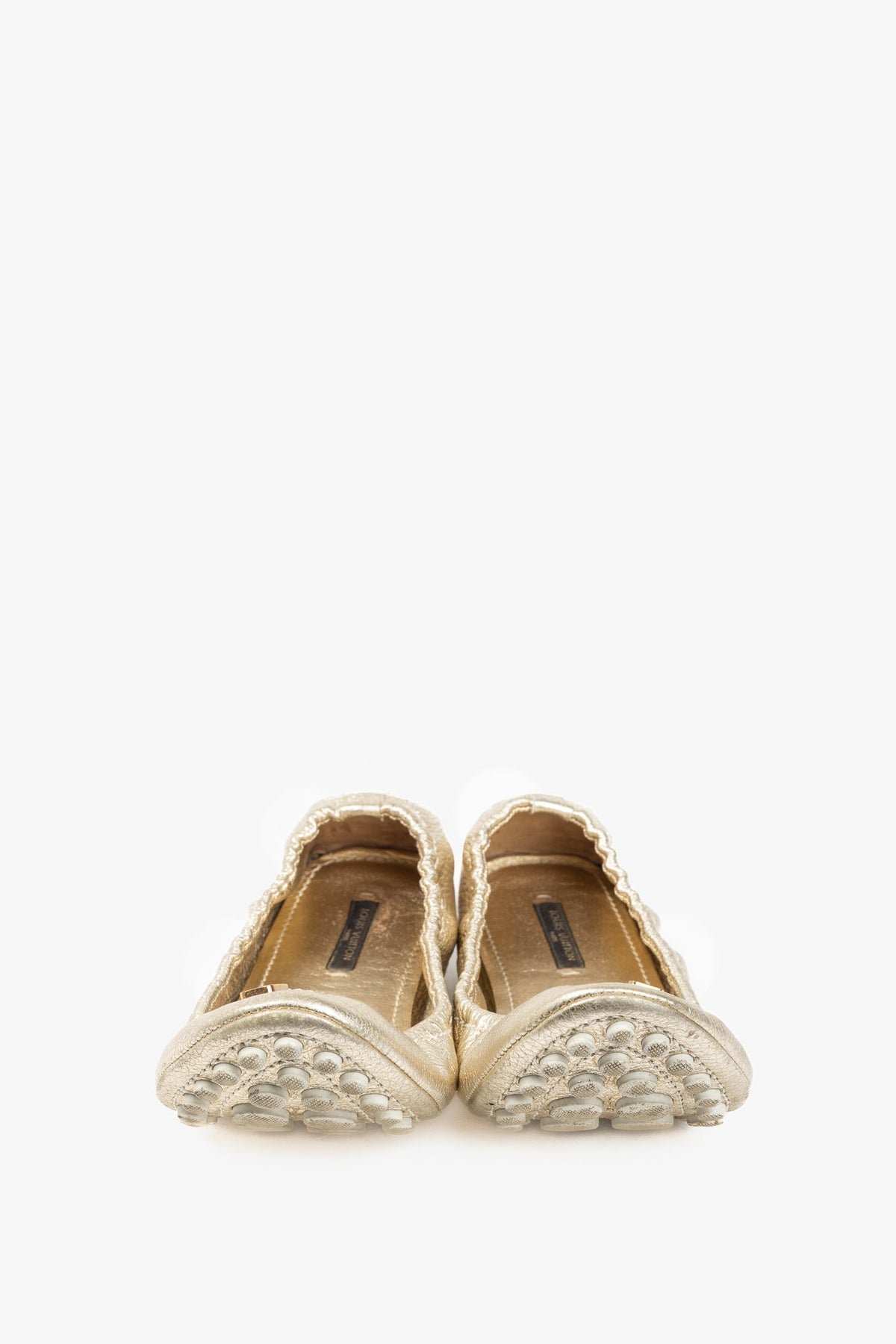 Louis Vuitton Lemon Metallic Gold Pebbled Leather Bow Scrunch Flats