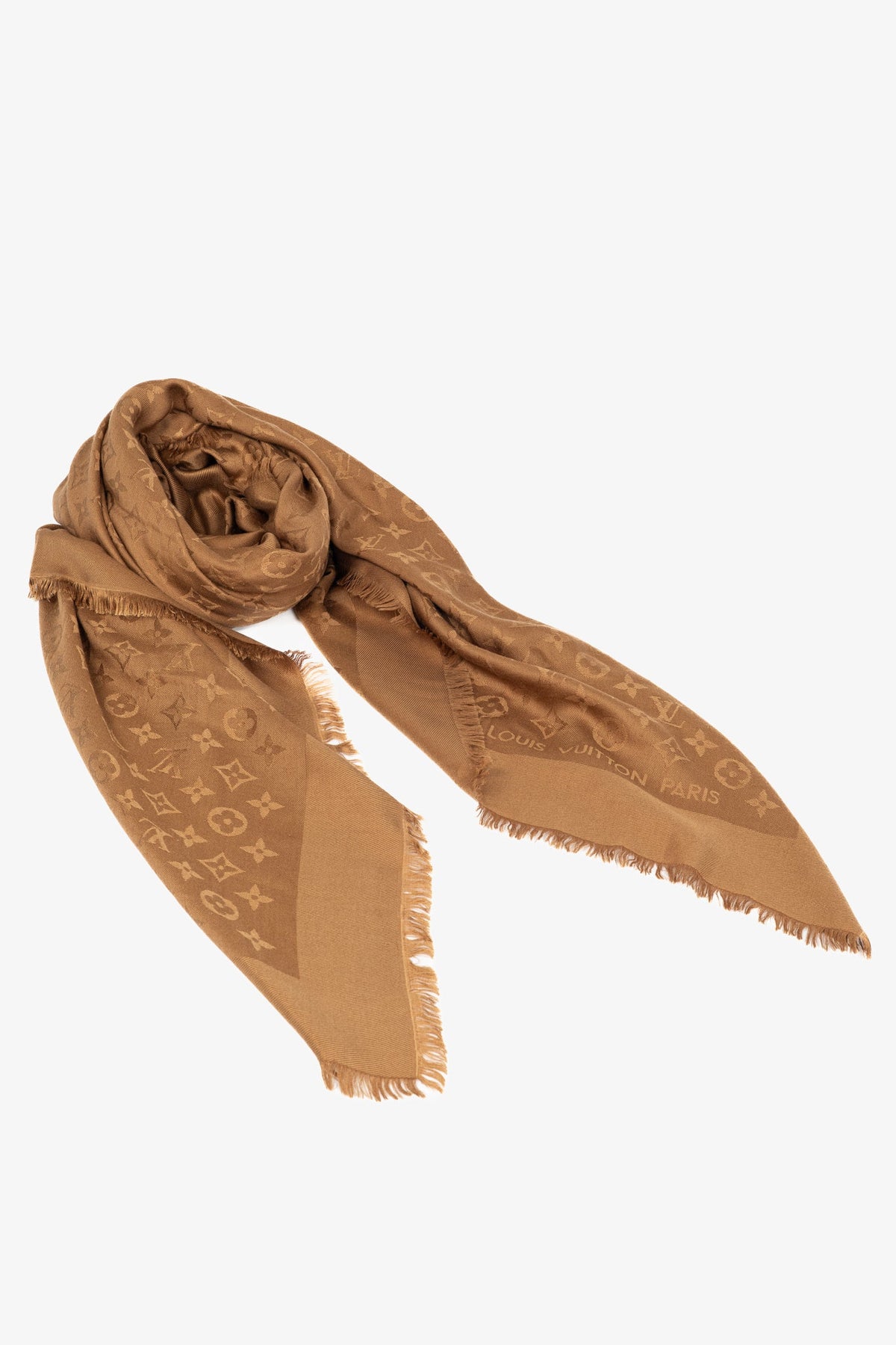 Louis Vuitton Camel Silk & Wool Monogram Fringe Shawl