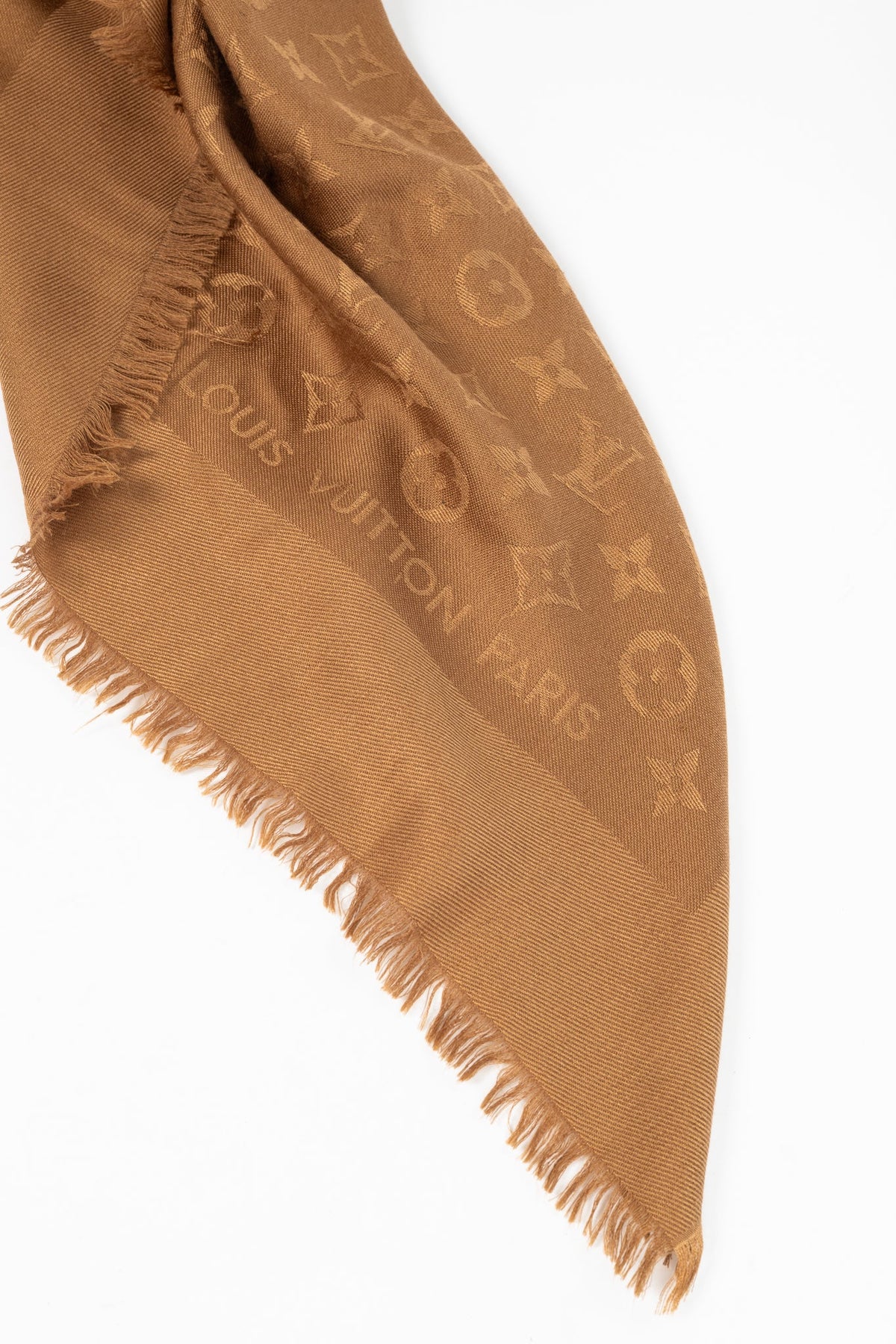 Louis Vuitton Camel Silk & Wool Monogram Fringe Shawl