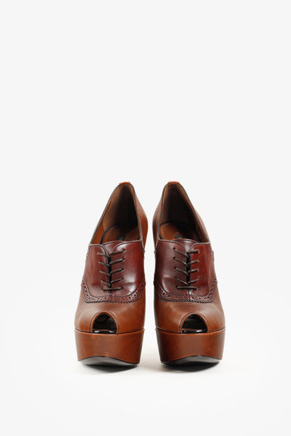 Louis Vuitton Brown Leather Lace Peep Toe Oxford Pumps