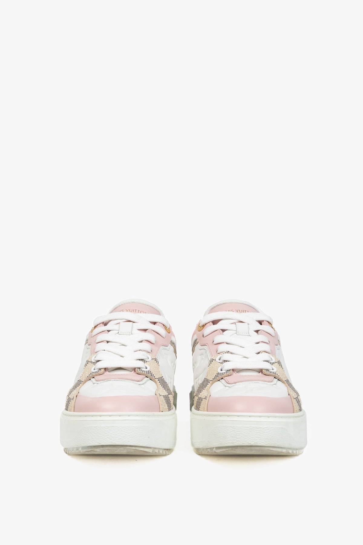 Louis Vuitton Time Out Rose Clair Pink Embossed-Calfskin & Damier Azur Sneakers