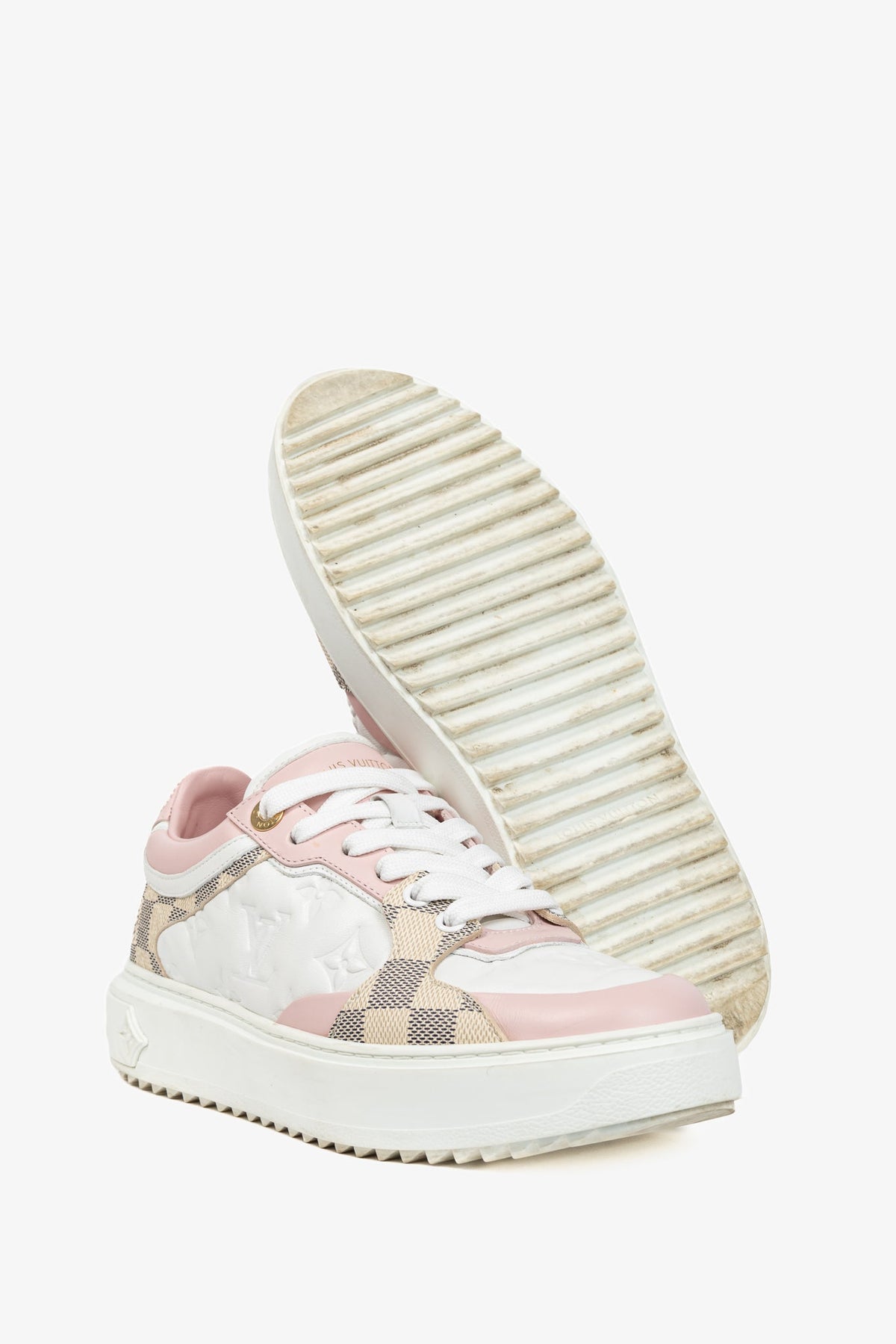 Louis Vuitton Time Out Rose Clair Pink Embossed-Calfskin & Damier Azur Sneakers