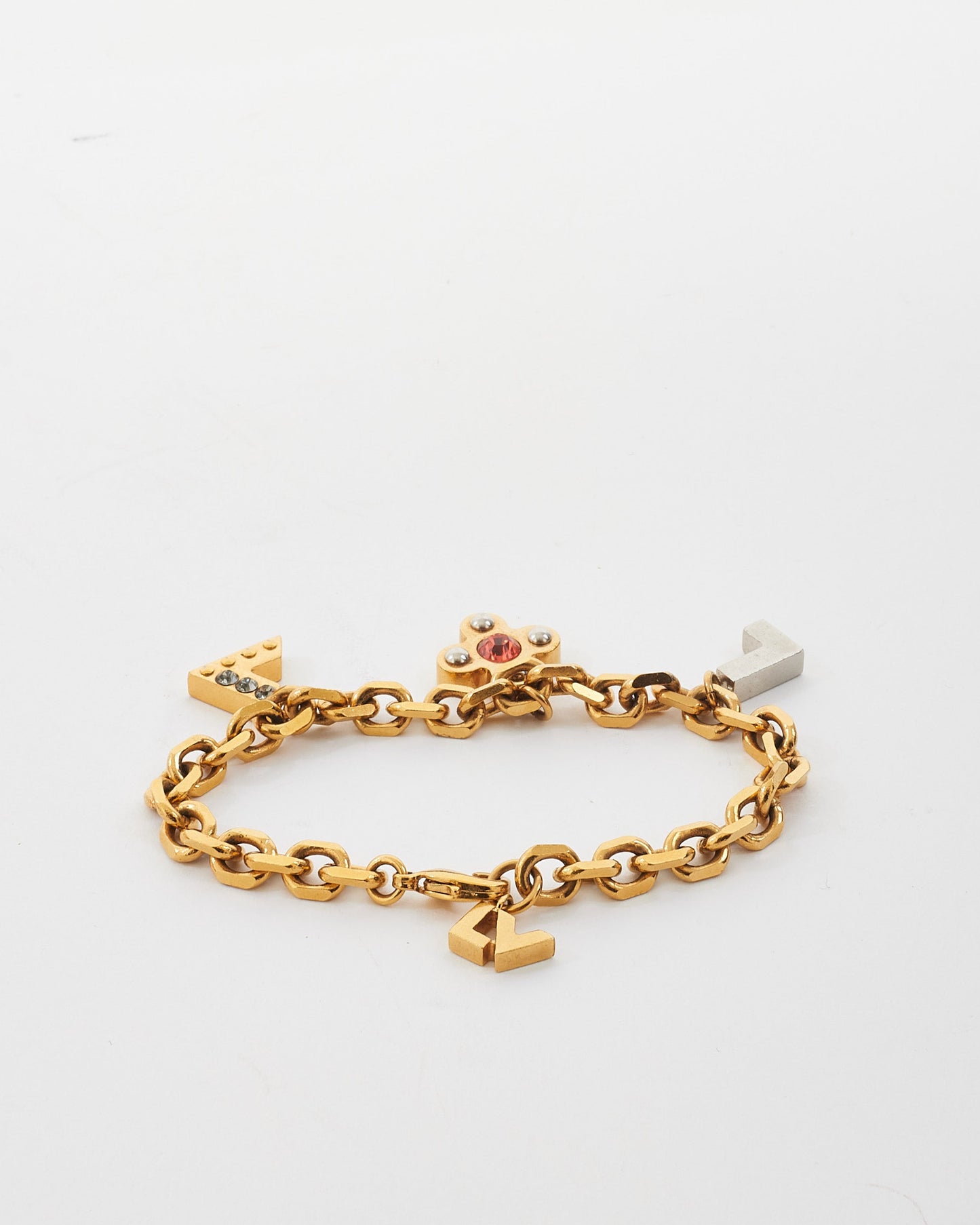 Louis Vuitton Gold & Red/Multi Crystal Love Letters Timeless Charm Bracelet