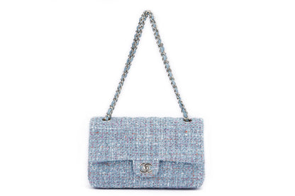 Chanel Classic Flap Tweed  (3102xxxx), Medium Size, Blue Tweed with Champagne Gold Hardware, with , Dust Cover & Box