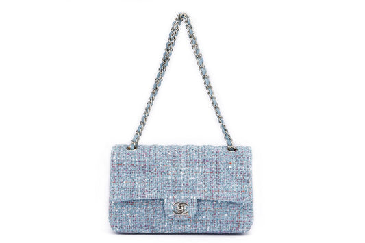 Chanel Classic Flap Tweed  (3102xxxx), Medium Size, Blue Tweed with Champagne Gold Hardware, with , Dust Cover & Box