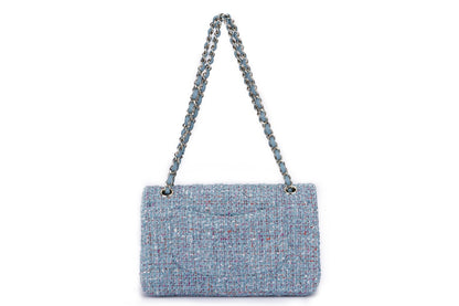 Chanel Classic Flap Tweed  (3102xxxx), Medium Size, Blue Tweed with Champagne Gold Hardware, with , Dust Cover & Box