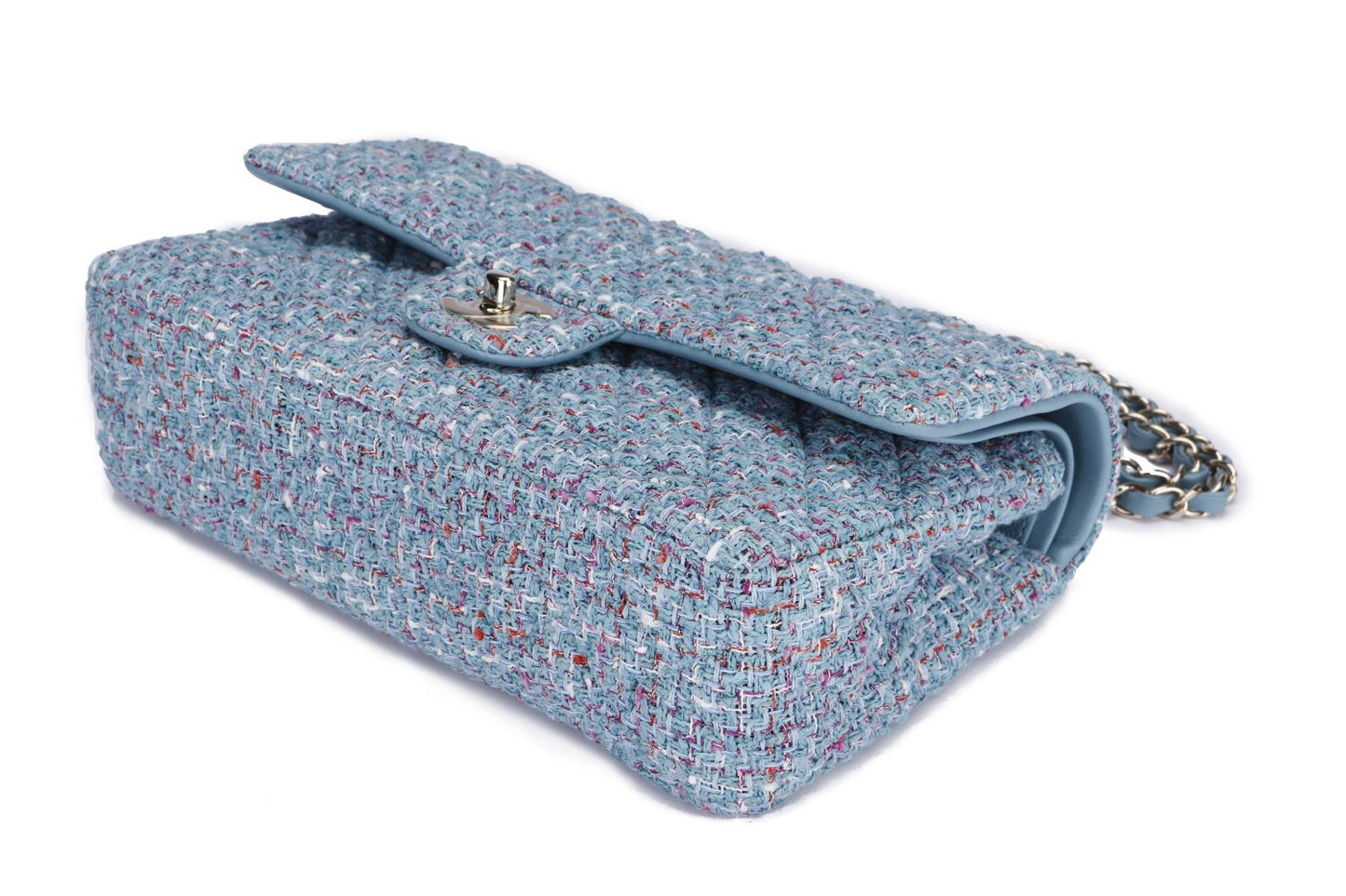 Chanel Classic Flap Tweed  (3102xxxx), Medium Size, Blue Tweed with Champagne Gold Hardware, with , Dust Cover & Box