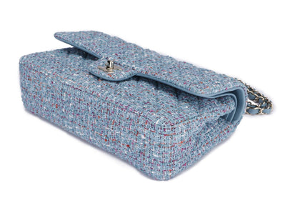 Chanel Classic Flap Tweed  (3102xxxx), Medium Size, Blue Tweed with Champagne Gold Hardware, with , Dust Cover & Box