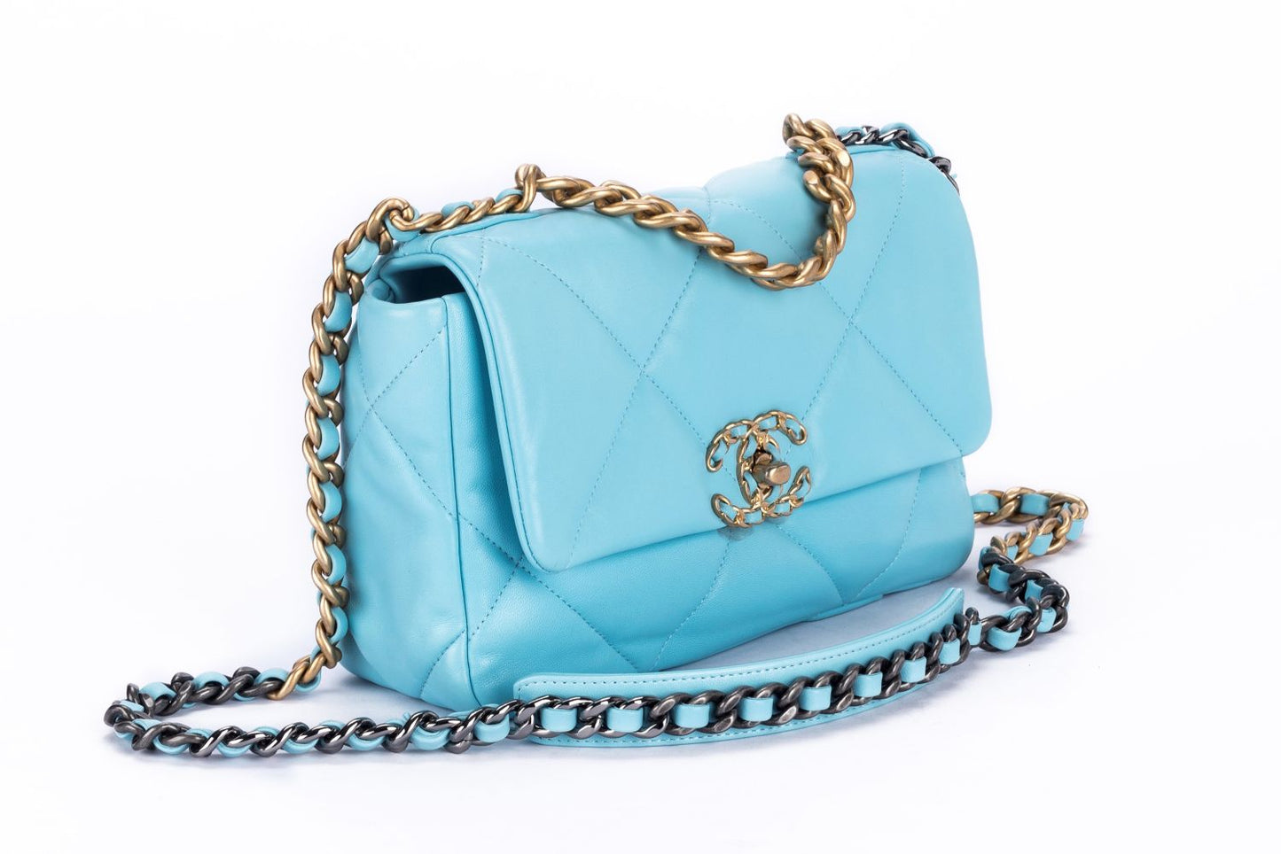 Chanel 19 Flap Bag (3127xxxx) Small Size Pastel Blue Lambskin with , Dust Cover & Box