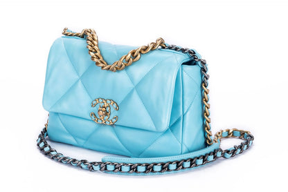 Chanel 19 Flap Bag (3127xxxx) Small Size Pastel Blue Lambskin with , Dust Cover & Box