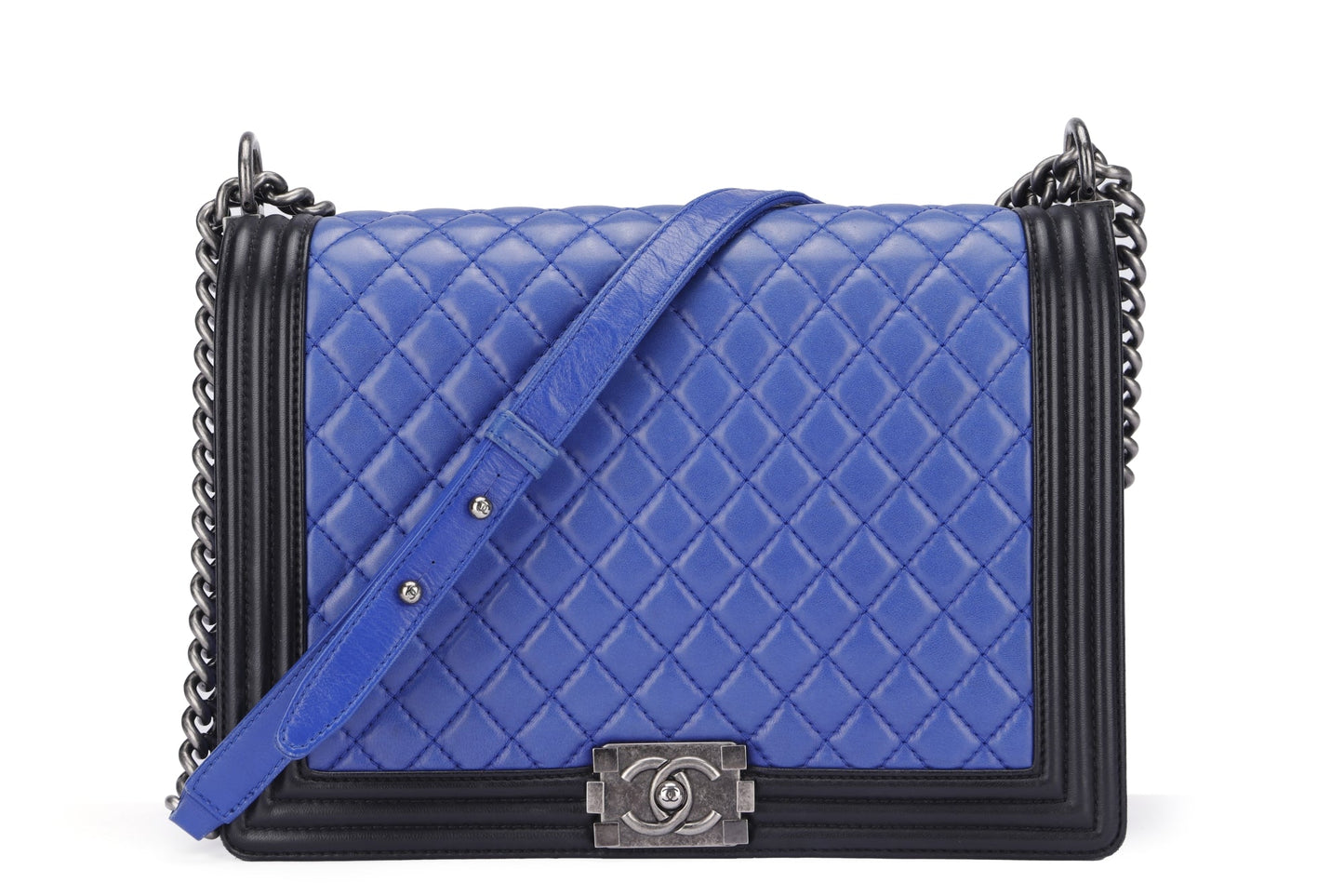 Chanel Le Boy 30cm (1800xxxx) Large Size, Blue with Black Trim Lambskin, Ruthenium Chain, with , no Dust Cover