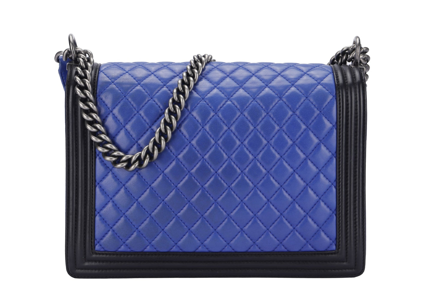Chanel Le Boy 30cm (1800xxxx) Large Size, Blue with Black Trim Lambskin, Ruthenium Chain, with , no Dust Cover