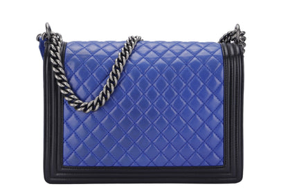 Chanel Le Boy 30cm (1800xxxx) Large Size, Blue with Black Trim Lambskin, Ruthenium Chain, with , no Dust Cover