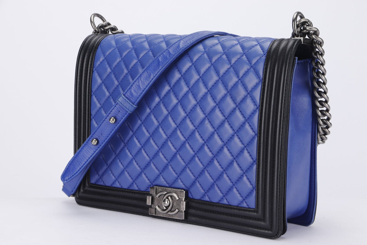 Chanel Le Boy 30cm (1800xxxx) Large Size, Blue with Black Trim Lambskin, Ruthenium Chain, with , no Dust Cover