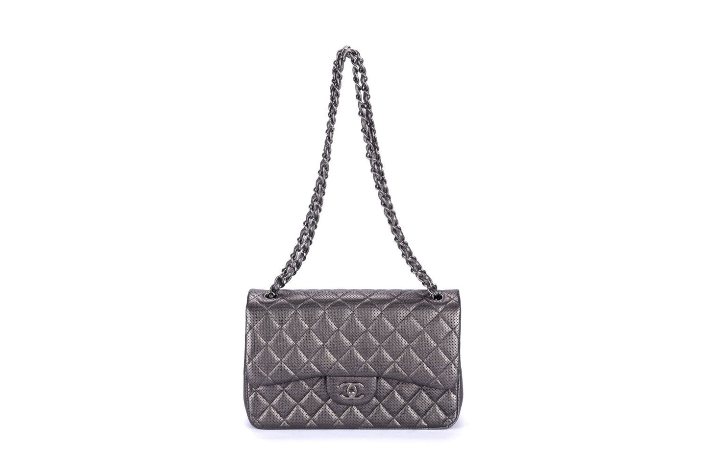 Chanel Classic Flap (2063xxxx) Jumbo Dark Metallic Silver Perforated Lambskin with  & Dust Cover