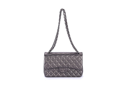 Chanel Classic Flap (2063xxxx) Jumbo Dark Metallic Silver Perforated Lambskin with  & Dust Cover
