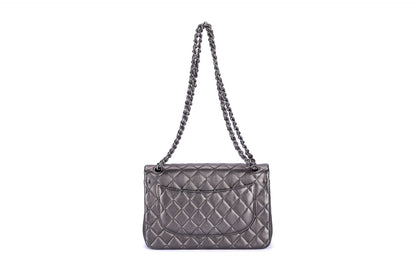 Chanel Classic Flap (2063xxxx) Jumbo Dark Metallic Silver Perforated Lambskin with  & Dust Cover