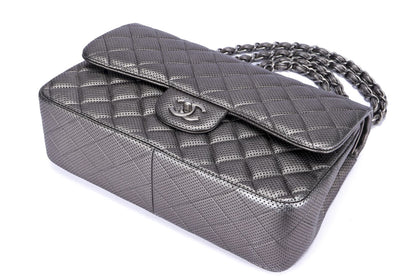 Chanel Classic Flap (2063xxxx) Jumbo Dark Metallic Silver Perforated Lambskin with  & Dust Cover