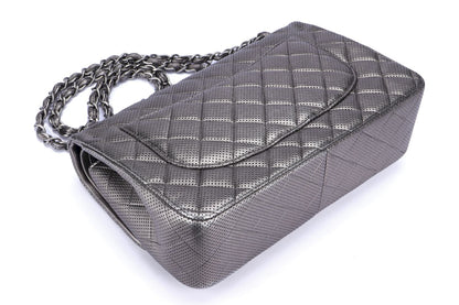 Chanel Classic Flap (2063xxxx) Jumbo Dark Metallic Silver Perforated Lambskin with  & Dust Cover