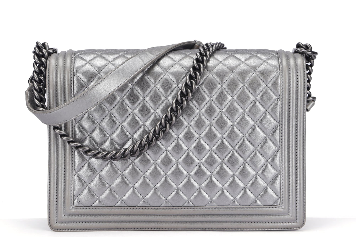 Chanel Le Boy 30cm (1973xxxx) Large Size, Metallic Silver Lambskin Ruthenium Chain, with , no Dust Cover