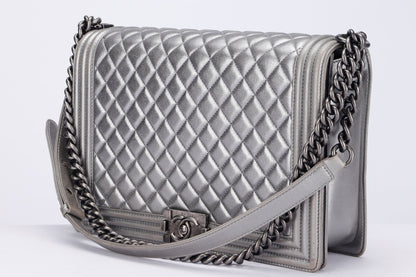 Chanel Le Boy 30cm (1973xxxx) Large Size, Metallic Silver Lambskin Ruthenium Chain, with , no Dust Cover