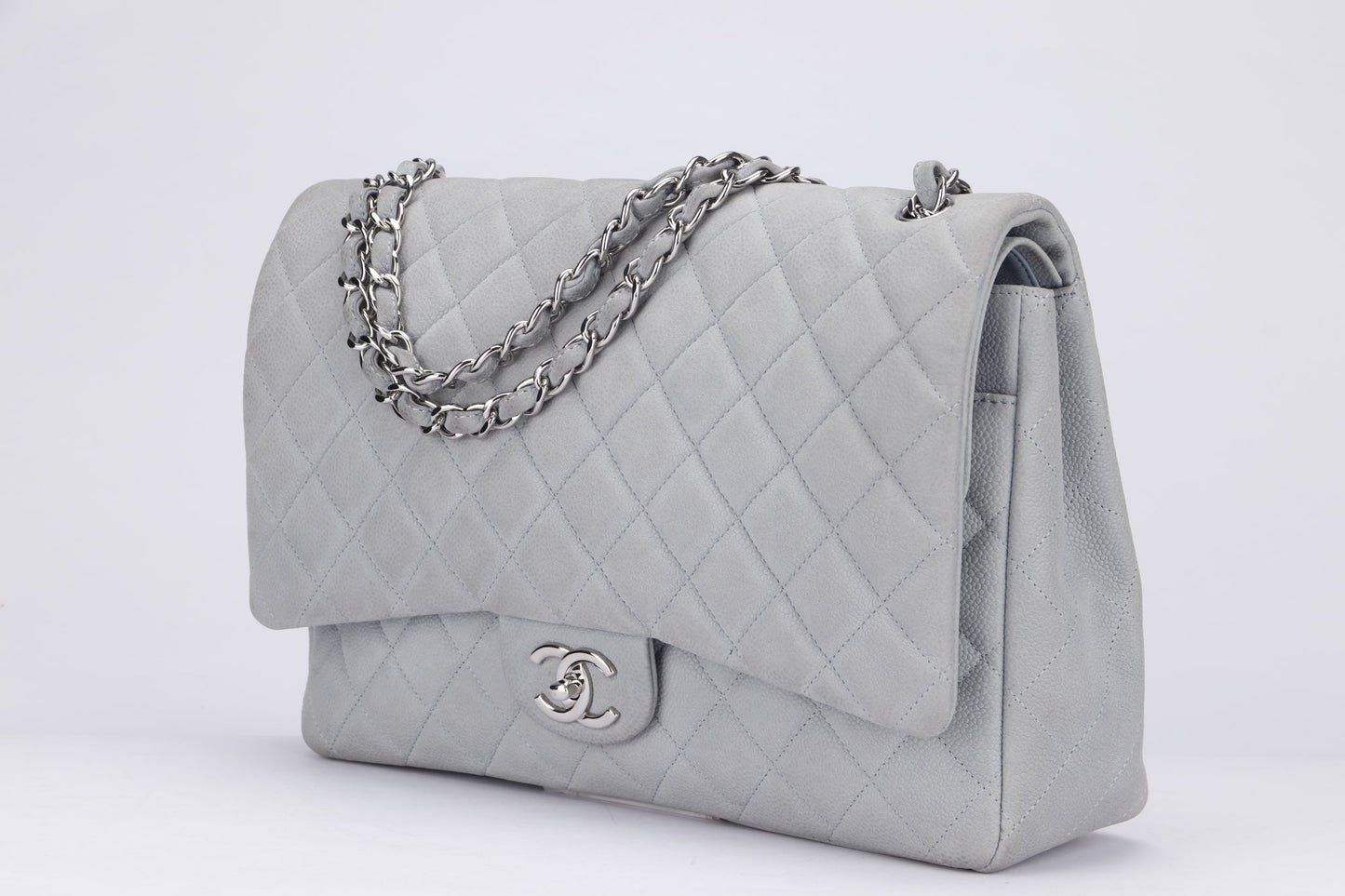 Chanel Classic Flap Maxi (1739xxxx) Grey Caviar Leather, Silver Hardware, with , Dust Cover & Box