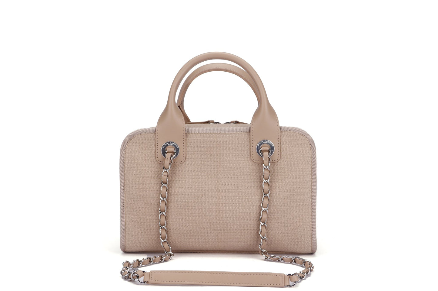 Chanel Deauville Boston (Microchip: G59Hxxxx) Canvas Light Brown, Silver Hardware, with Dust Cover & Box