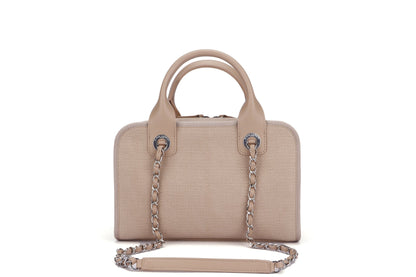 Chanel Deauville Boston (Microchip: G59Hxxxx) Canvas Light Brown, Silver Hardware, with Dust Cover & Box