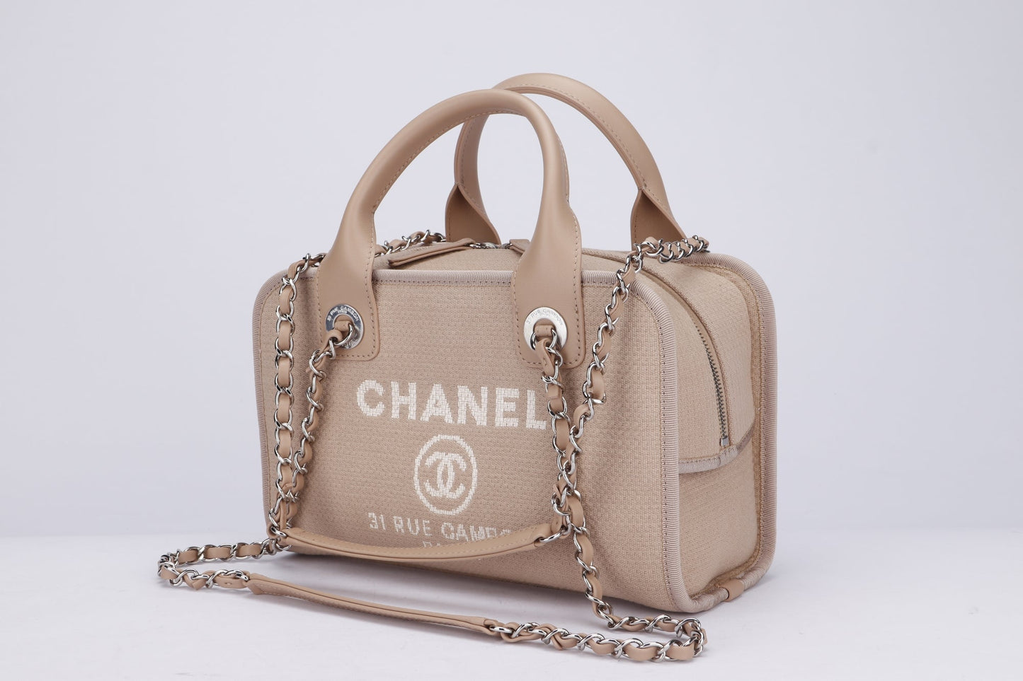 Chanel Deauville Boston (Microchip: G59Hxxxx) Canvas Light Brown, Silver Hardware, with Dust Cover & Box