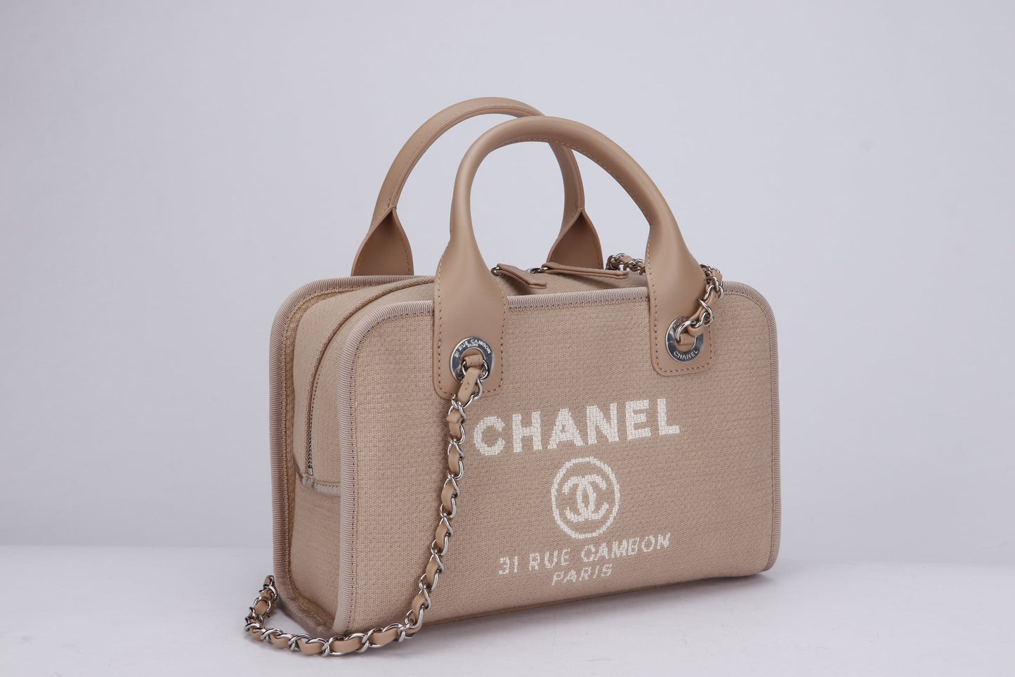 Chanel Deauville Boston (Microchip: G59Hxxxx) Canvas Light Brown, Silver Hardware, with Dust Cover & Box
