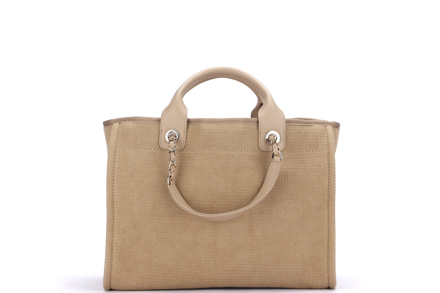 CHANEL AS3351 DEAUVILLE (PLU2xxxx) MM SIZE, KHAKI BEIGE COLOR, CANVAS & LIGHT GOLD CHAIN, WITH DUST COVER & BOX