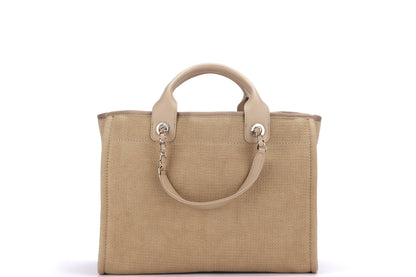 CHANEL AS3351 DEAUVILLE (PLU2xxxx) MM SIZE, KHAKI BEIGE COLOR, CANVAS & LIGHT GOLD CHAIN, WITH DUST COVER & BOX