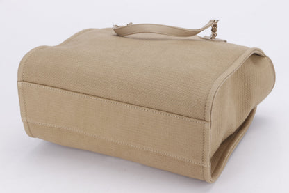 CHANEL AS3351 DEAUVILLE (PLU2xxxx) MM SIZE, KHAKI BEIGE COLOR, CANVAS & LIGHT GOLD CHAIN, WITH DUST COVER & BOX