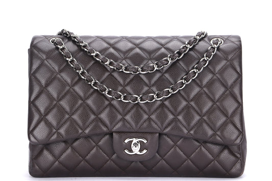 CHANEL CLASSIC FLAP MAXI SINGLE FLAP (1401xxxx) BROWN CAVIAR LEATHER, SILVER HARDWARE, WITH , DUST COVER & BOX
