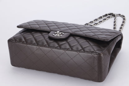 CHANEL CLASSIC FLAP MAXI SINGLE FLAP (1401xxxx) BROWN CAVIAR LEATHER, SILVER HARDWARE, WITH , DUST COVER & BOX