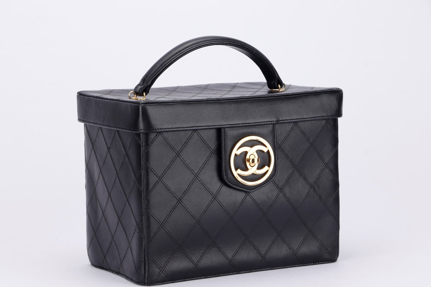 Chanel Vintage Vanity Case (259xxxx) Black Quilted Lambskin, Gold Hardware, with Strap & , no Dust Cover