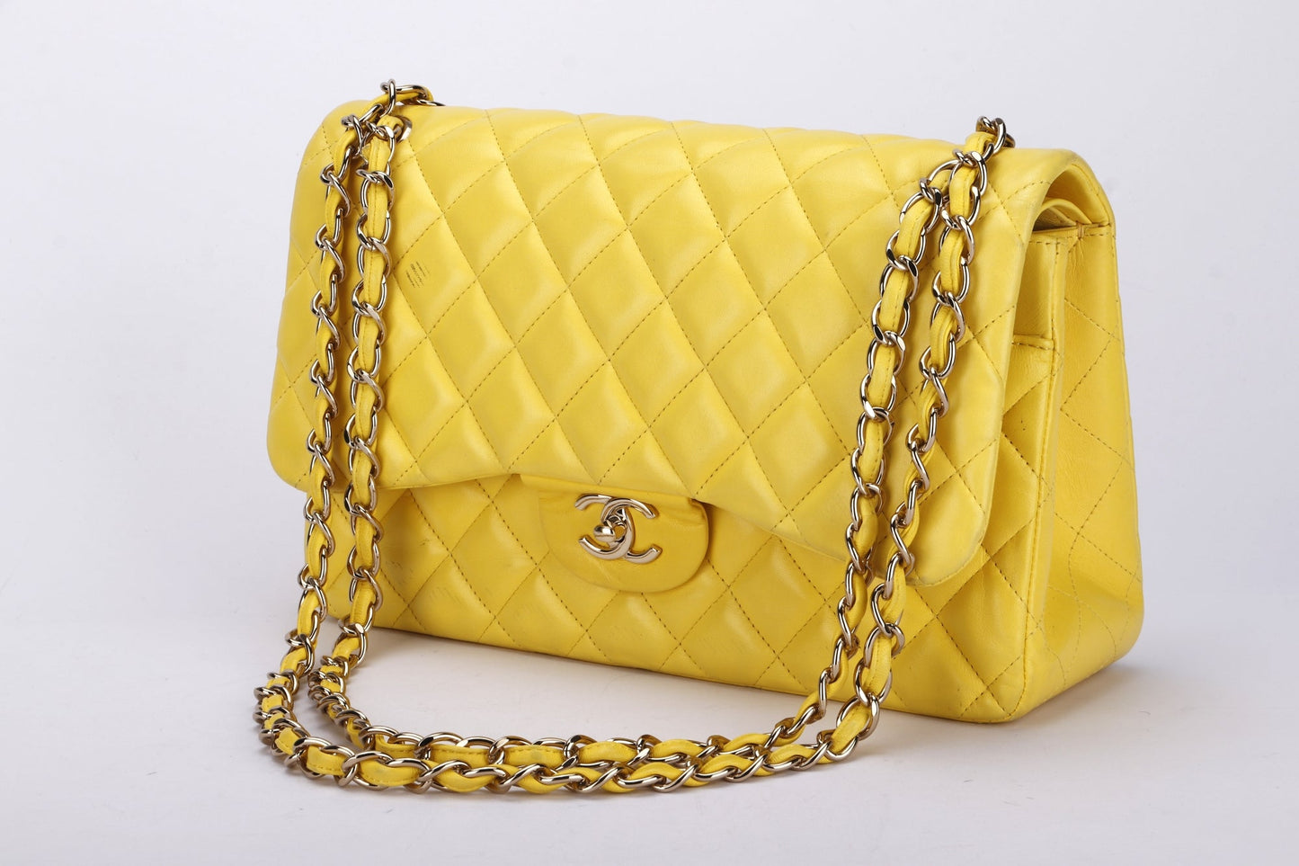 Chanel Classic Flap (1596xxxx) Jumbo Yellow Lambskin, Light Gold Hardware, with , no Dust Cover