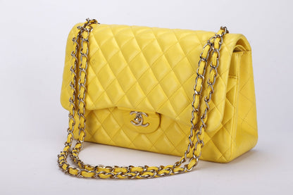 Chanel Classic Flap (1596xxxx) Jumbo Yellow Lambskin, Light Gold Hardware, with , no Dust Cover