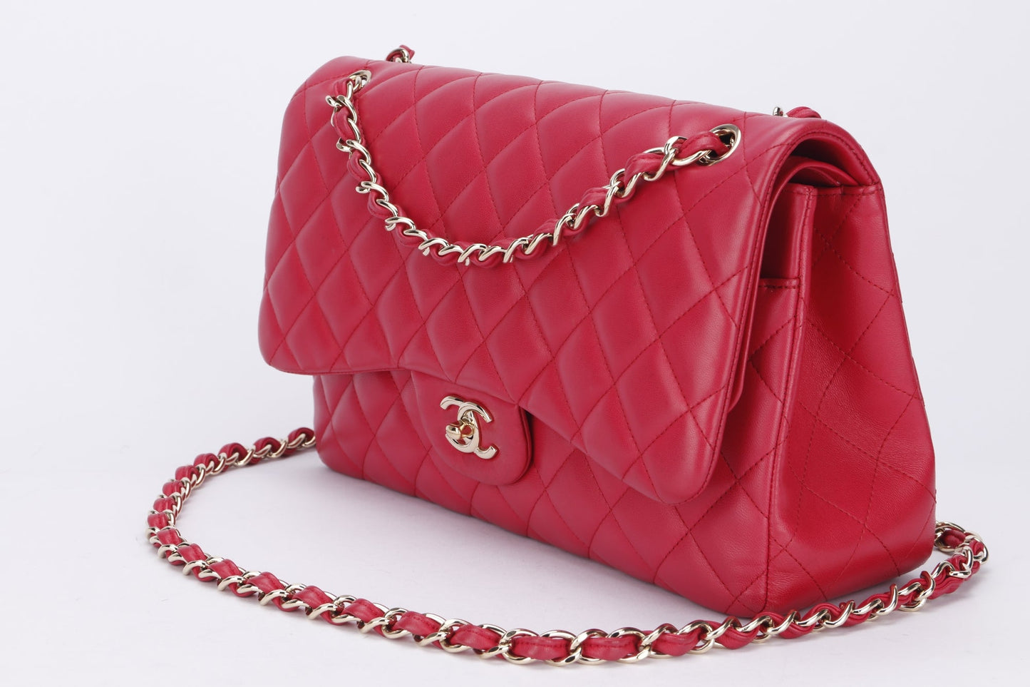 Chanel Classic Flap (2195xxxx) Jumbo Size, Pink Color Lambskin, Light Gold Hardware, no  & Dust Cover