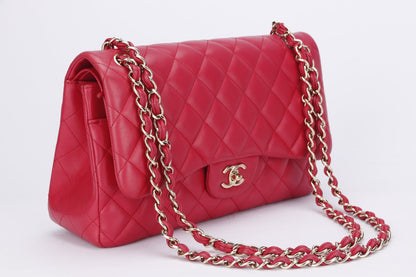 Chanel Classic Flap (2195xxxx) Jumbo Size, Pink Color Lambskin, Light Gold Hardware, no  & Dust Cover