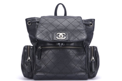 CHANEL BLACK CALFSKIN BACKPACK (2396XXXX), SILVER HARDWARE, WITH , NO HOLOGRAM & DUST COVER