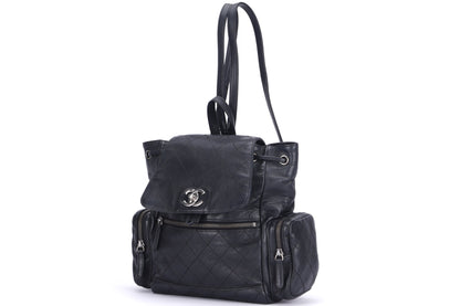 CHANEL BLACK CALFSKIN BACKPACK (2396XXXX), SILVER HARDWARE, WITH , NO HOLOGRAM & DUST COVER